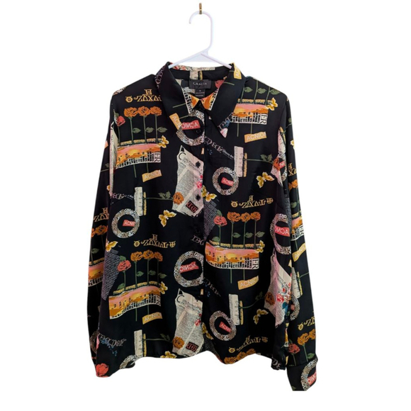 Women's Gracia Button Down Shirt XL Black Floral Print - Picture 1 of 5